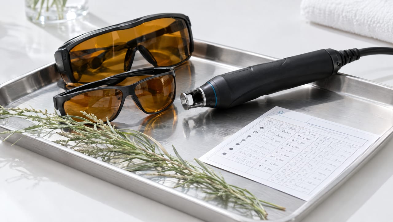 A matte black laser handpiece, amber goggles and a settings card on a steel tray