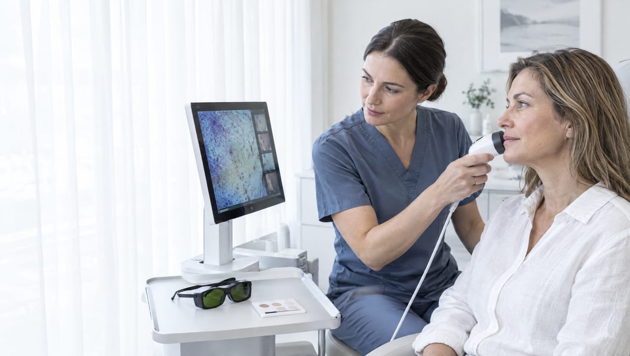 A nurse practitioner holding a skin analysis device near a patient while both look at a skin scan on screen