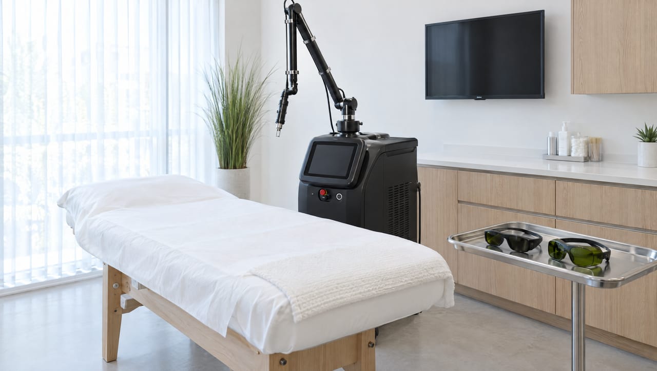 A white laser treatment room with a matte black laser on an articulated arm and goggles on a steel tray
