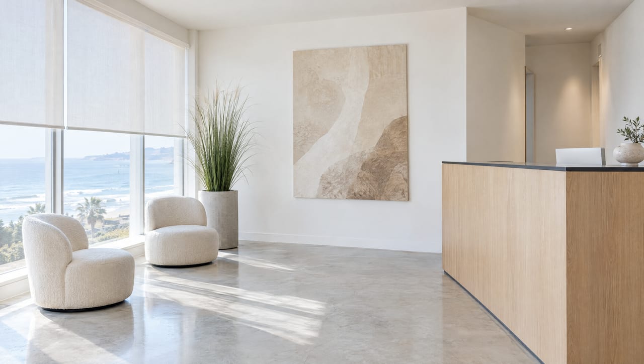 Reception with a pale oak desk, cream chairs and a view of the ocean